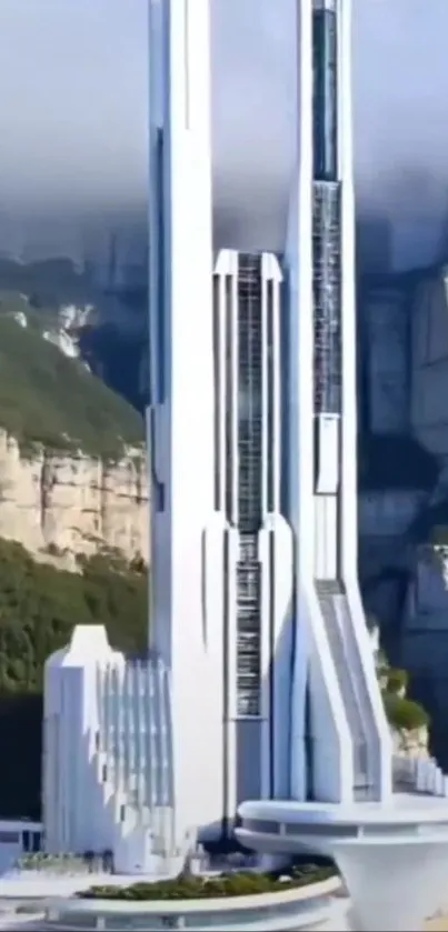 Futuristic skyscraper against a mountain landscape.