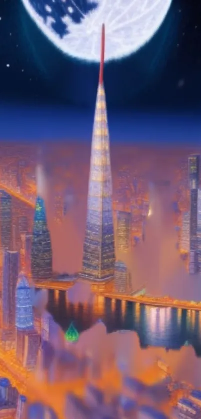 Digital artwork of a futuristic cityscape with a towering skyscraper under a full moon.