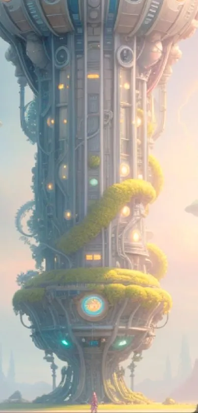 Futuristic tower against pastel sky with glowing lights and greenery.