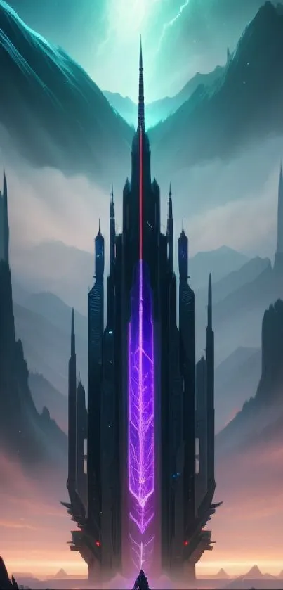 Futuristic tower with neon glow in misty mountain landscape.