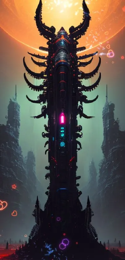 Futuristic tower with orange celestial sky in digital art style.