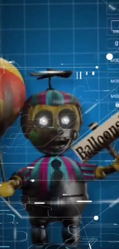 Futuristic toy robot with balloon on blue tech background.