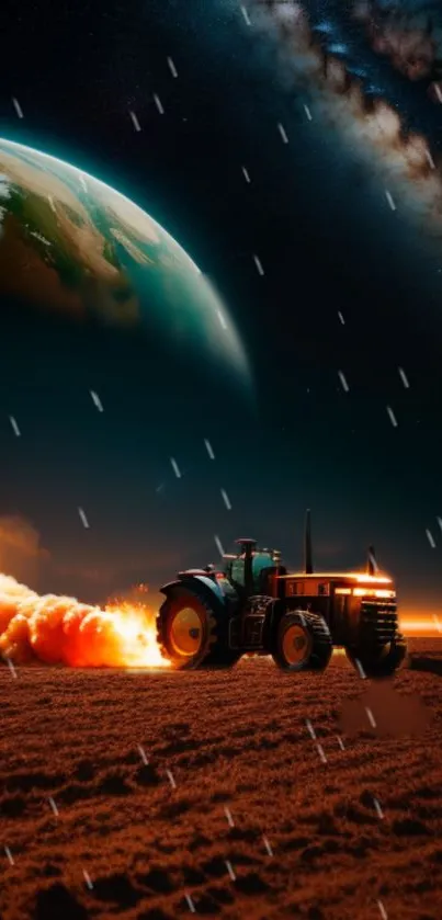 Futuristic tractor plowing an alien field with Earth in the background.