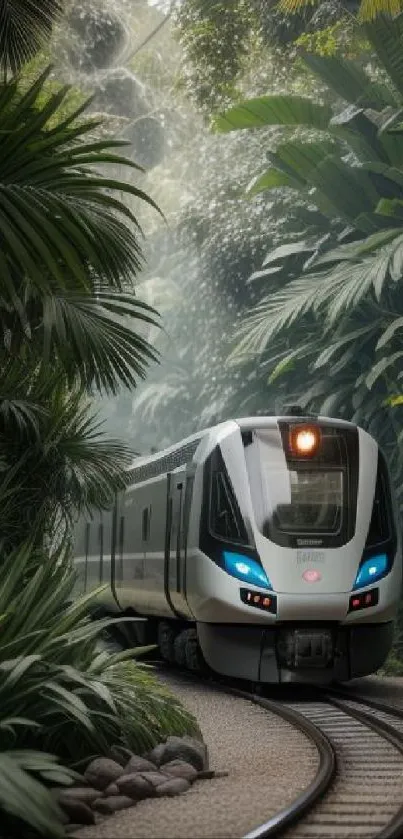 Futuristic train traveling through a lush jungle landscape.