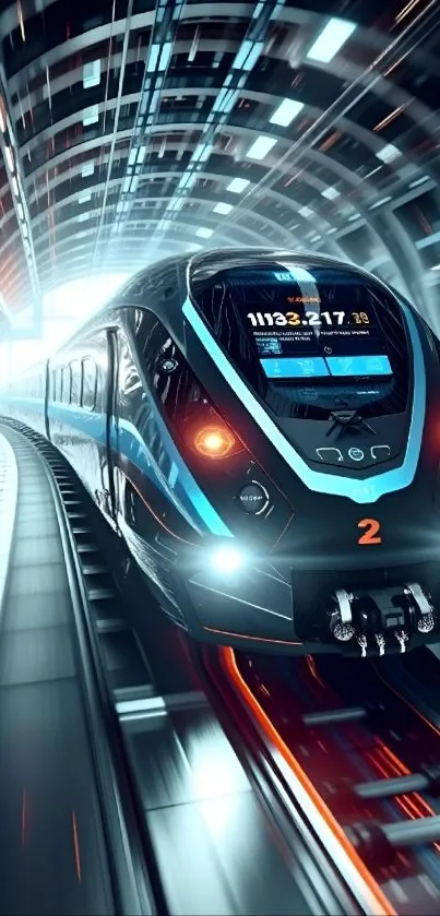 Futuristic train speeding through a tunnel.
