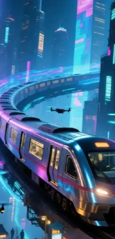 Futuristic train traveling through a neon-lit city at night.