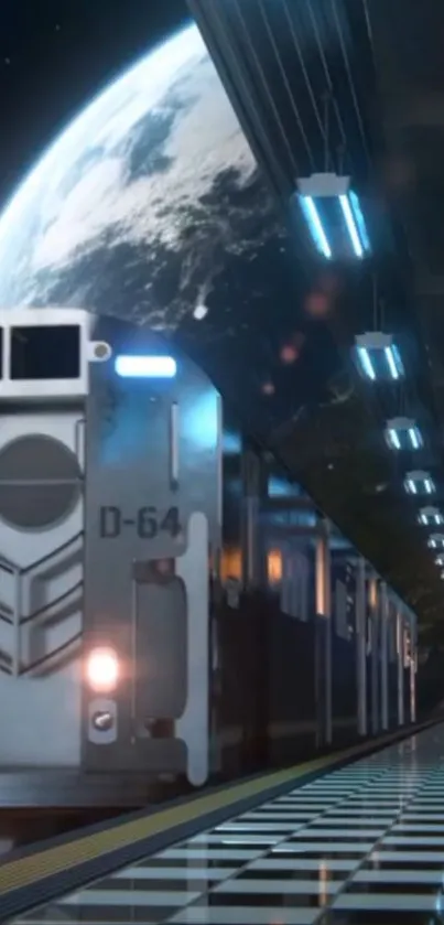 Futuristic train station with Earth in the background.
