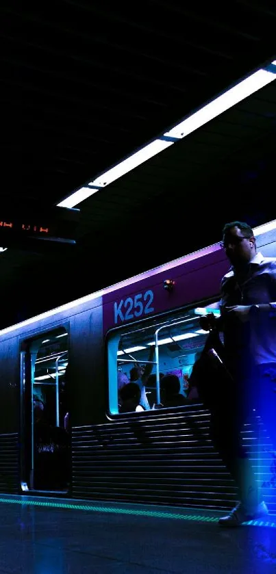 Futuristic urban train station at night with a moody blue ambience.