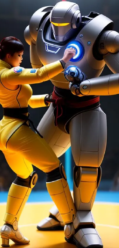 A woman in yellow training with a robot in a futuristic arena.