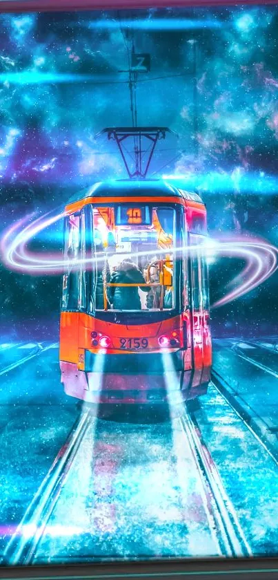 Futuristic tram with neon lights in a cosmic setting.