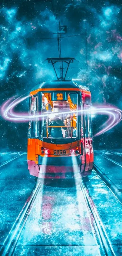 Futuristic tram with neon galaxy effects on urban tracks.