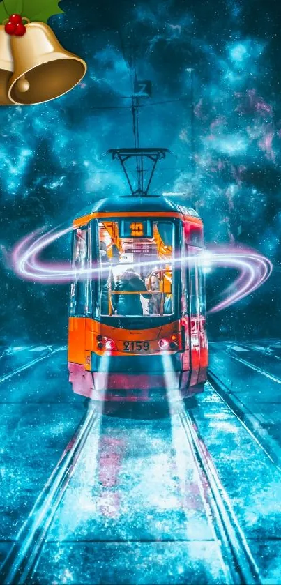 Futuristic tram and cosmic night sky in vibrant colors.