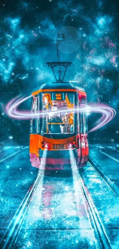 Futuristic tram in cosmic blue scene with neon effects and couple under umbrella.