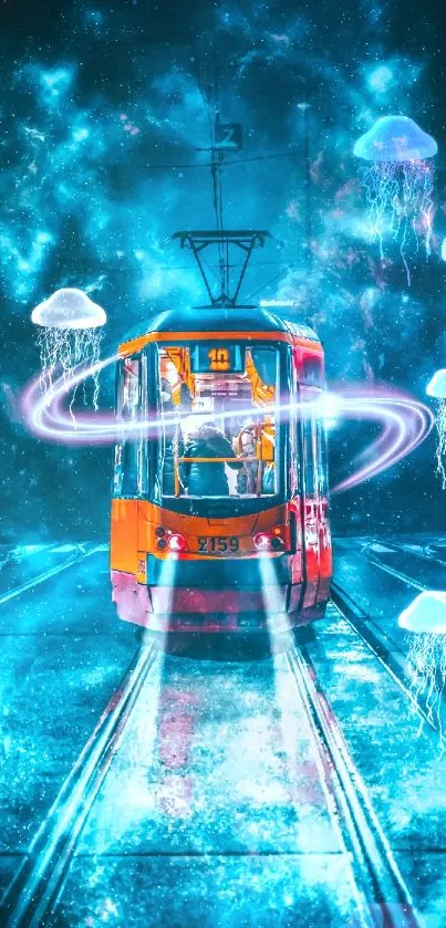 Futuristic tram under starry sky with cosmic effects.