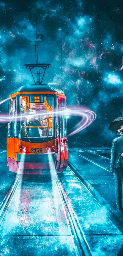 Futuristic tram in cosmic landscape with vibrant colors.