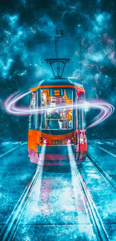 Futuristic neon tram with cosmic background and glowing effects for mobile wallpaper.