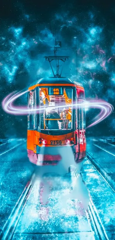 Futuristic tram glows with cosmic energy in a vibrant, colorful urban setting.