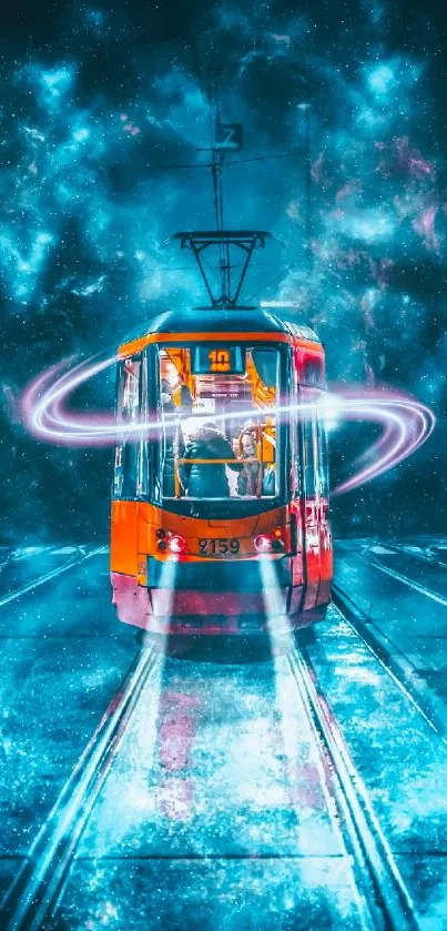 Futuristic tram glides through a starry, neon-lit night with cosmic ambiance.