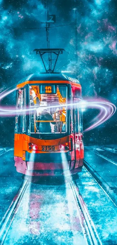 Vibrant neon tram in a futuristic, cosmic urban setting.