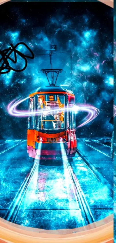 Futuristic tram mobile wallpaper with cosmic and vibrant colors.