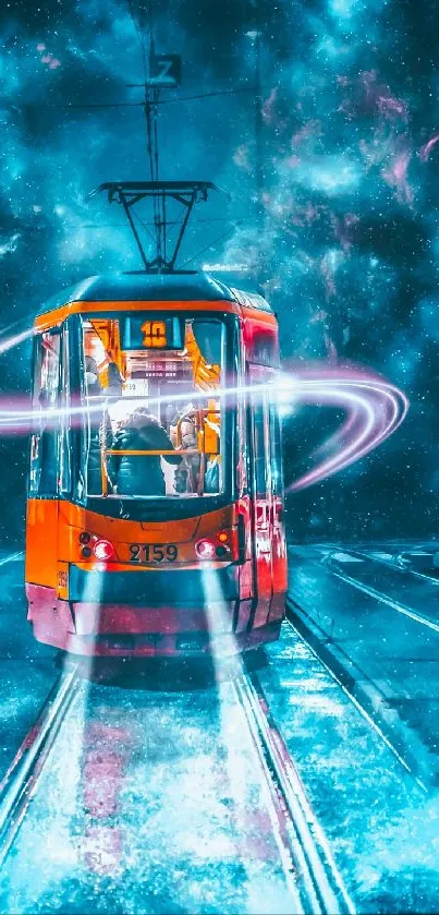 Futuristic orange tram in a cosmic scene with vibrant colors.