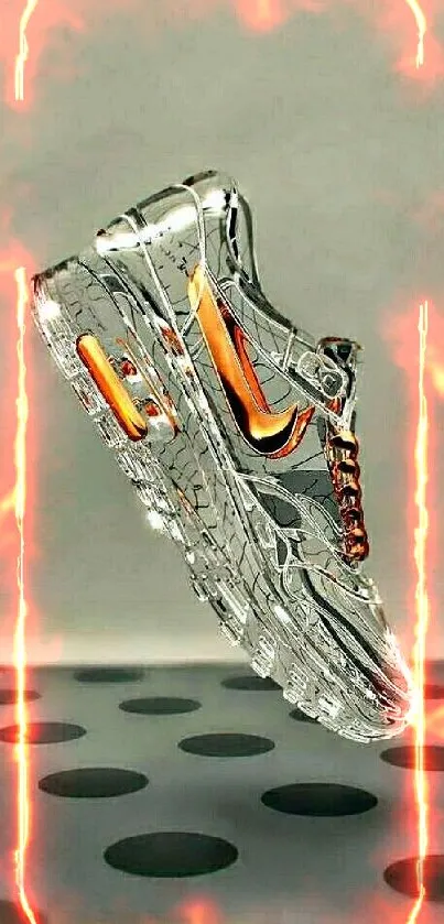 Futuristic transparent sneaker with orange accents on a stylish background.