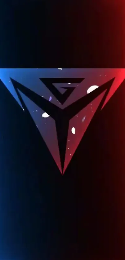 Triangular glowing logo with blue and red neon accents on a black background.