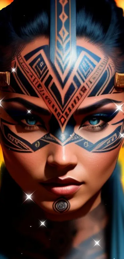 Futuristic tribal face art with vibrant colors and intricate patterns.