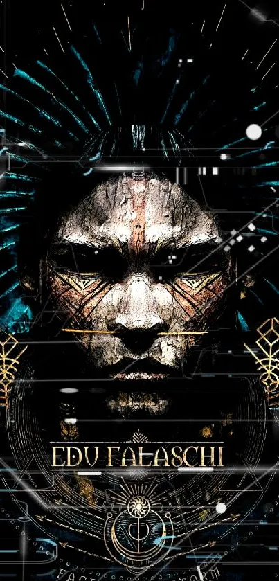 Futuristic tribal face with dark patterns.