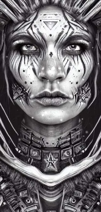 Futuristic tribal portrait in monochrome with intricate details.