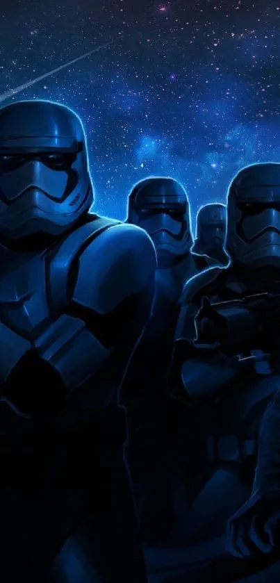 Futuristic troopers under a starry galaxy sky in a cosmic setting.