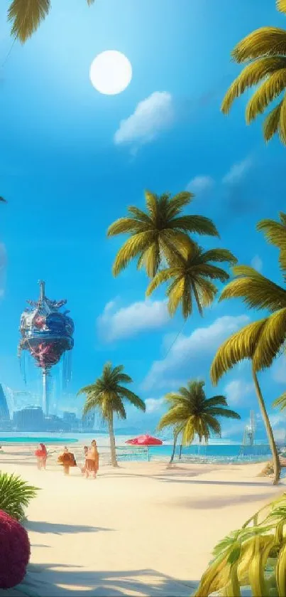 Futuristic tropical beach with sci-fi tower and palm trees under a blue sky.