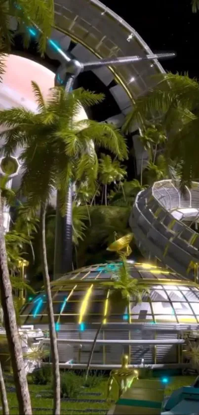 Futuristic cityscape with tropical plants