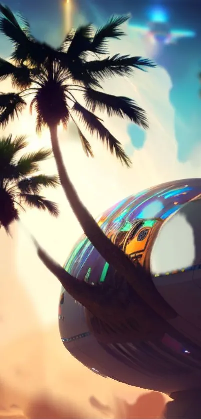 Futuristic palm trees on a sci-fi background for mobile wallpaper.