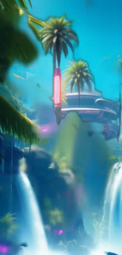 Futuristic tropical scene with neon lights and palm trees in vibrant colors.