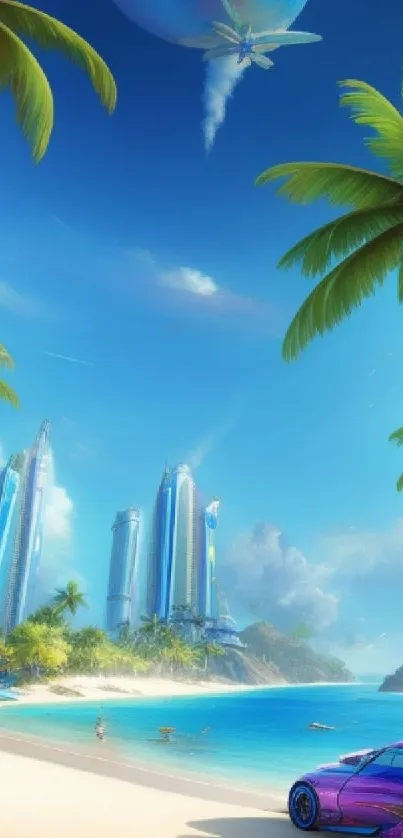 Futuristic beach scene with palm trees and skyscrapers under a celestial sky.