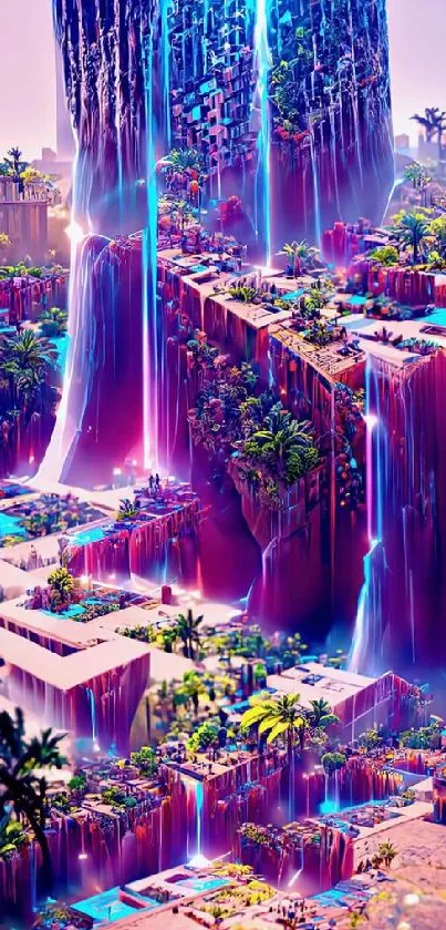 Futuristic phone wallpaper with tropical cityscape and neon waterfalls.