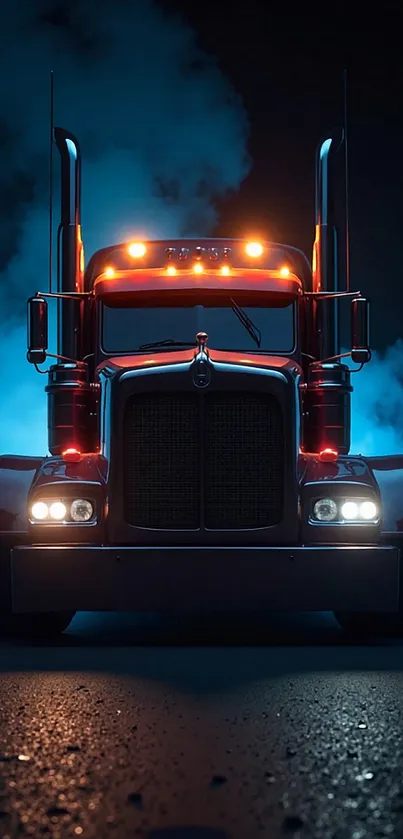 Futuristic truck at night with bright lights and smoky background.