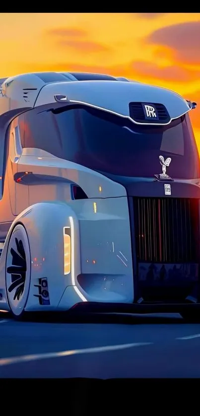 Futuristic truck with vibrant sunset background, showcasing sleek design.