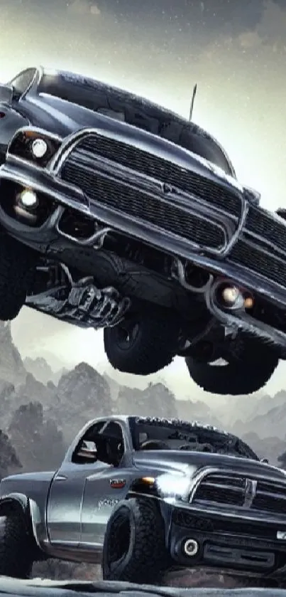 Two futuristic trucks soaring in a rugged, cloudy landscape.