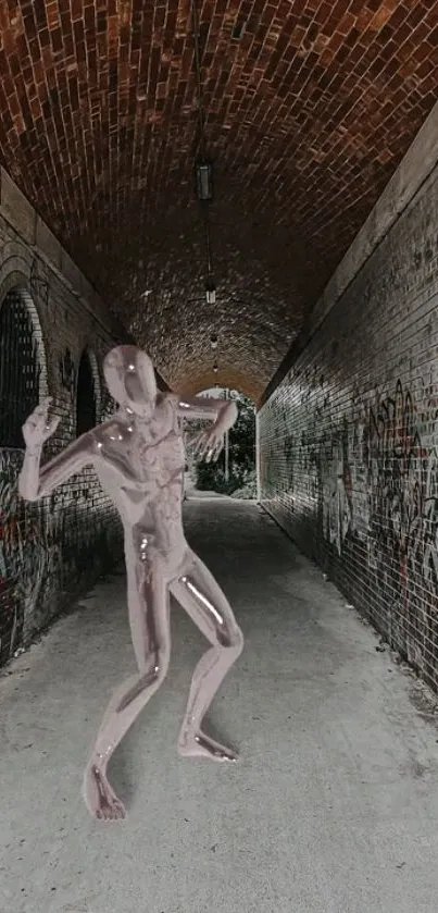 Futuristic humanoid statue in a graffiti-decorated tunnel.