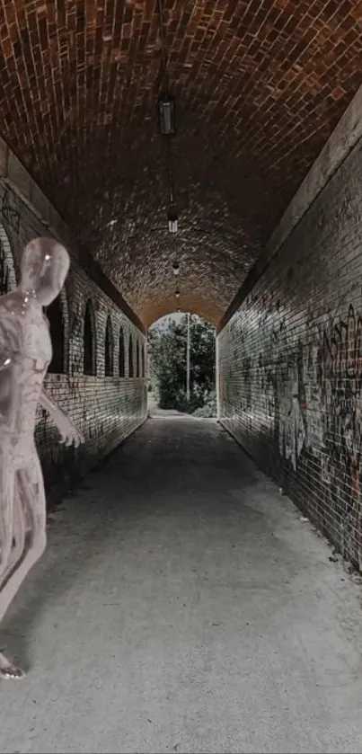 Futuristic figure in a brick tunnel with street art.