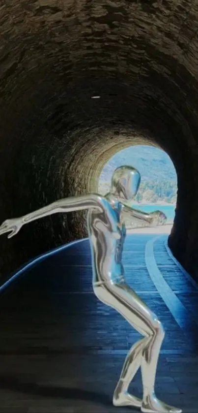 Metallic figure in a dim tunnel wallpaper.