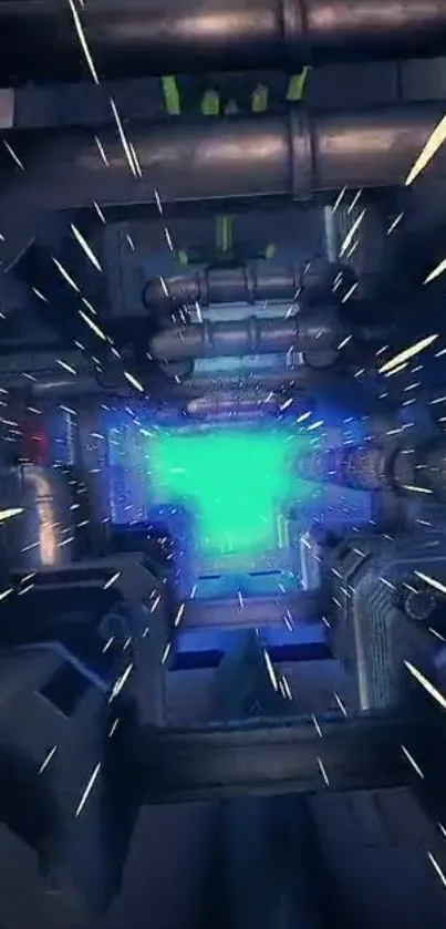 Futuristic tunnel with green explosion, light streaks.