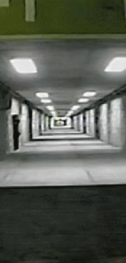 Futuristic tunnel illusion with grey walls and bright lights.