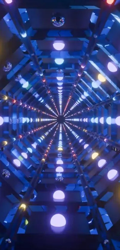 Futuristic tunnel with vibrant lights creating an optical illusion.