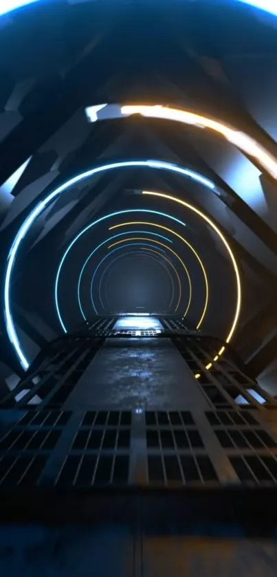 Futuristic tunnel with glowing neon circles, creating depth and modern aesthetic.