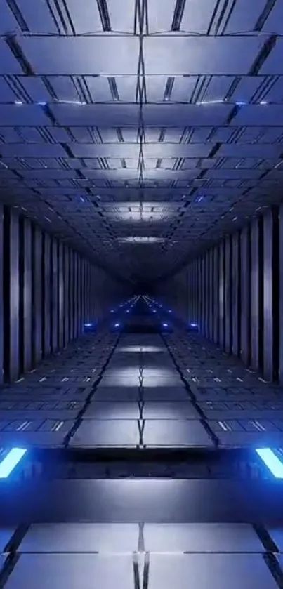 Futuristic tunnel with blue neon lights wallpaper.