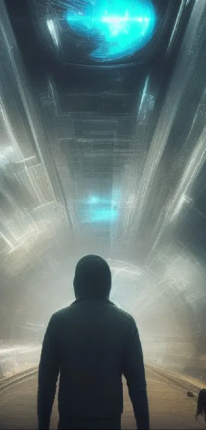 Silhouetted figure in a futuristic, glowing tunnel.