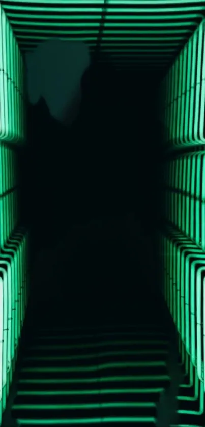 Futuristic neon green tunnel wallpaper with geometric patterns.